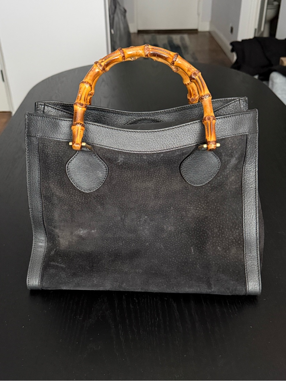 Vintage Gucci Diana in Black Suede Tote with Bamboo Handles